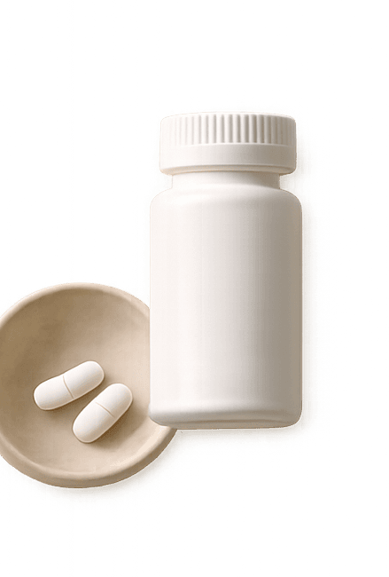 GLP-1 daily oral pill bottle with loose pills in a ceramic dish